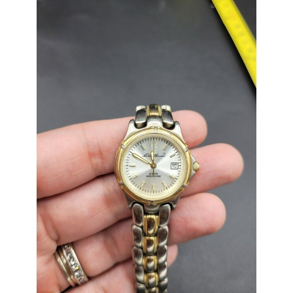 Eddie Bauer Sunray Watch Women Silver Gold Tone Date 50M Water Resistant 6"